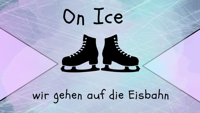 on ice zwei rauten ragen von links und rechts in das Bild in der mitte sind Schlittschuhe und der Hintergrund ist eine zerkratze Eisbahn mit lila Aquarell
