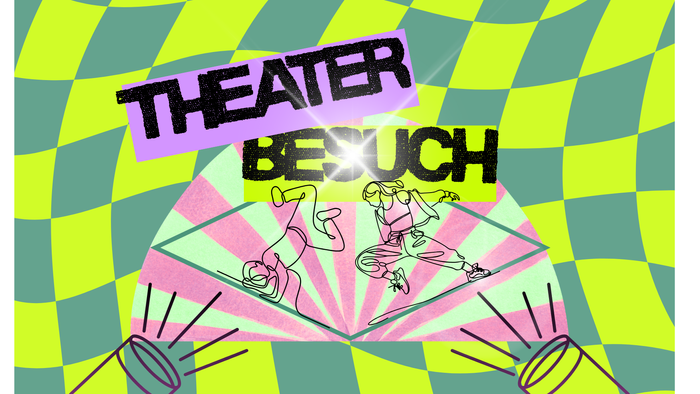 Theater besuch scheinwerfer, zwei tanzende Menschen, ein karierter hintergrund und ein rosa grüner fächer