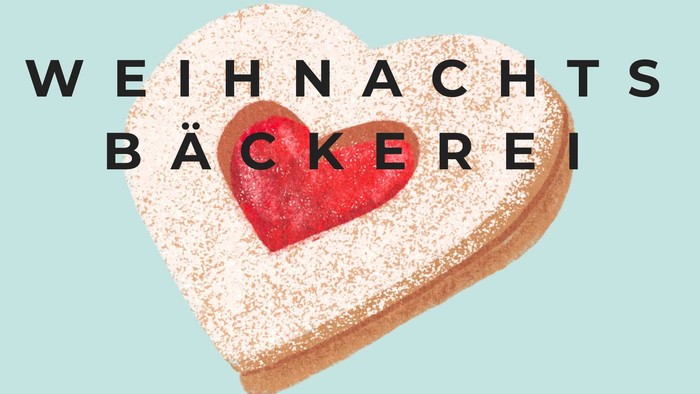 Weihnachtsbäckerei ein großes Keks Herz mit roter Marmeladenfüllung logo leiste Quatiersmanagement