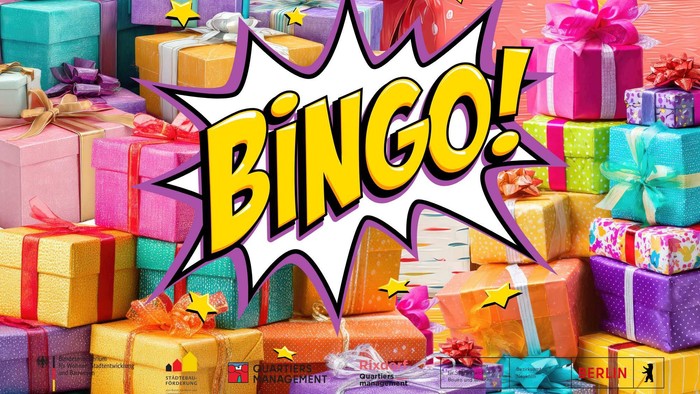 viele Bunte Geschenke die logoleiste vom Quatiersmanagement und ein großes comic Bingo