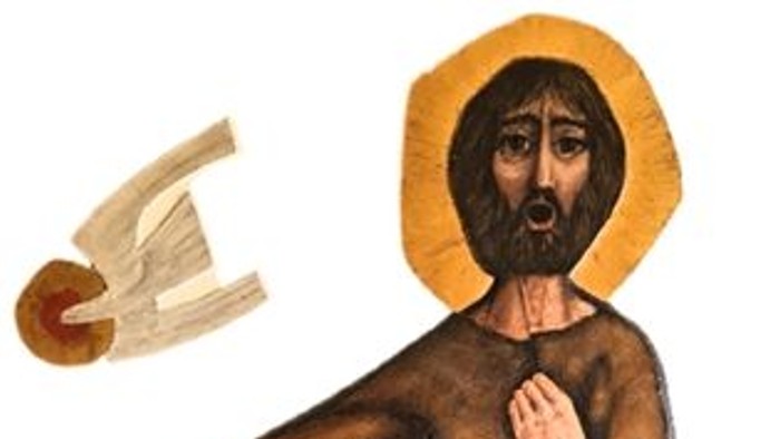 Das Bild zeigt eine Darstellung von St. Johannes d. Täufer in einer Robe, mit einem Lamm und einer Schriftrolle.