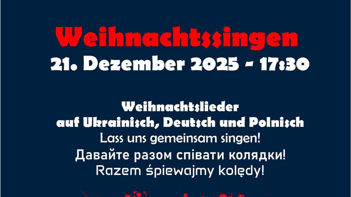 Plakat zur Weihnachtsfeier am 21. Dezember 2025 mit ukrainischen, deutschen und polnischen Weihnachtsliedern, einer Krippenszene und einem Herz-Design.