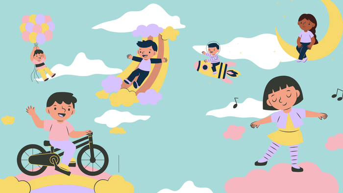 Kinder, die auf Wolken spielen und verschiedene Aktivitäten ausüben.