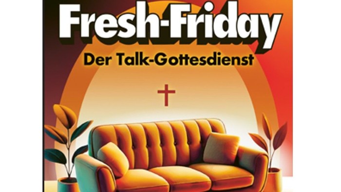 Das Bild zeigt ein buntes Sofa mit einem Kreuz und dem Text *„Fresh-Friday Der Talk-Gottesdienst“*.