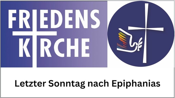 Logo für die Friedens Kirche zum letzten Sonntag nach Epiphania mit einem Kreuz und einem farbenfrohen Bannerdesign.