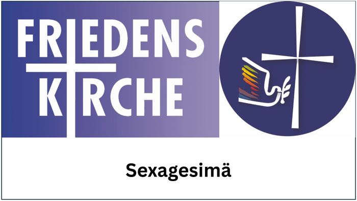 Logo für die Friedens Kirche zur Sexagesima mit einem Kreuz und einer farbenfrohen Flammengrafik.