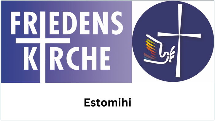 Logo für die Friedens Kirche Estomihi mit einem Kreuz und einem farbenfrohen abstrakten Design, das Gemeinschaft und Glauben symbolisiert.
