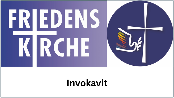 Logo für die Friedens Kirche mit einem Kreuzsymbol und dem „Invokavit“-Event, gestaltet mit farbenfrohen grafischen Elementen.