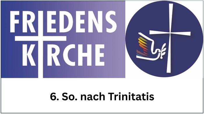 Logo für die Friedens Kirche zum sechsten Sonntag nach Trinitatis mit einem Kreuz und einem farbenfrohen Flammendesign.