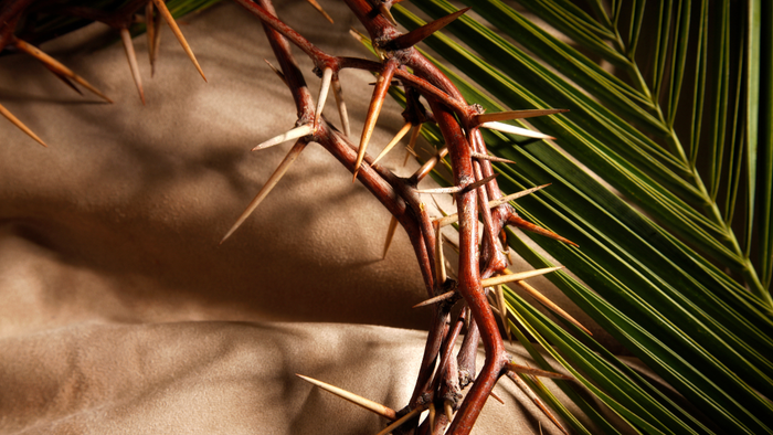 En krone af torne flettet sammen med grønne palmegrene på en tekstureret overflade.