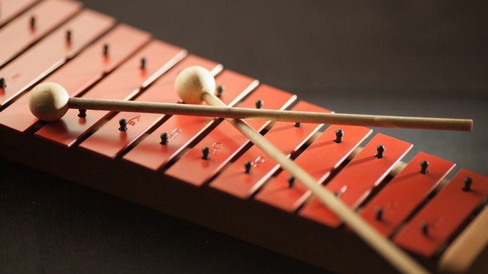 En marimba med to stokke og to boller på instrumentet