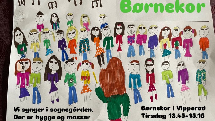 Farverigt plakat til børnekor-koncert med titlen 