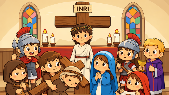 Kinder in einer Zeichentrickserie, die die biblische Szene nachstellen, in der Jesus das Kreuz trägt, begleitet von Maria und den Jüngern.