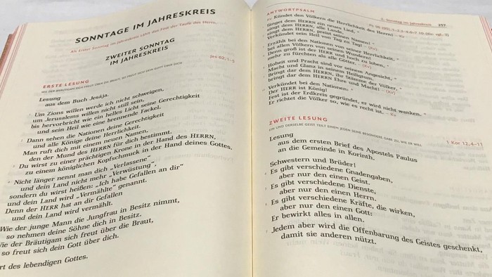 Offenes Buch mit rotem Einband und deutscher Schrift