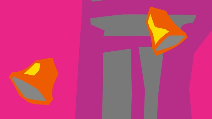 Drei orangefarbene Vögel sitzen auf grauen Ästen vor pinkem Hintergrund