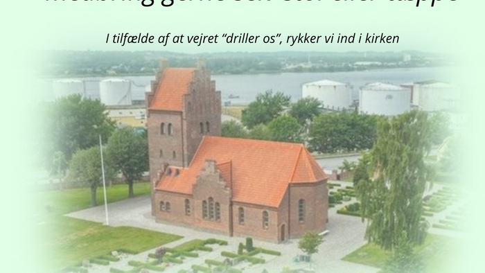 Kirkegudstjeneste udendørs med picnicplaner og vejrforbehold for den 25. maj.