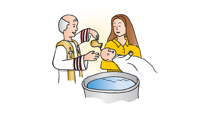 Ein Priester hält ein Baby über einem Taufbecken, während eine Frau in gelbem Kleid danebensteht.