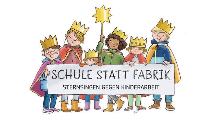 Kinder, die als Könige verkleidet sind und ein Banner halten, auf dem „Schule statt Fabrik – Sternsingen gegen Kinderarbeit“ steht.