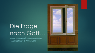 Das Bild zeigt ein geöffnetes Fenster mit blauem Himmel und Wolken, begleitet von deutschem Text.