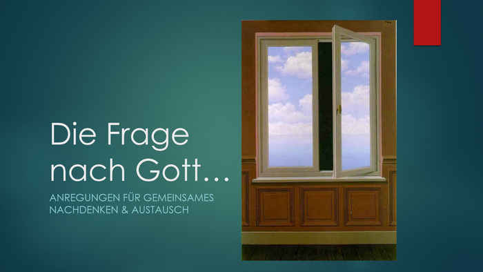 Das Bild zeigt ein geöffnetes Fenster mit blauem Himmel und Wolken, begleitet von deutschem Text.