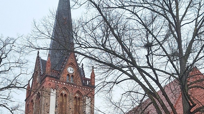 Gothische Backsteinkirche mit hohem Turm und Uhr.