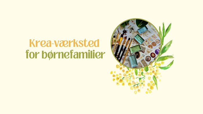 Kreativt værkstedslogo til børnefamilier med håndværksmaterialer og naturlige elementer.
