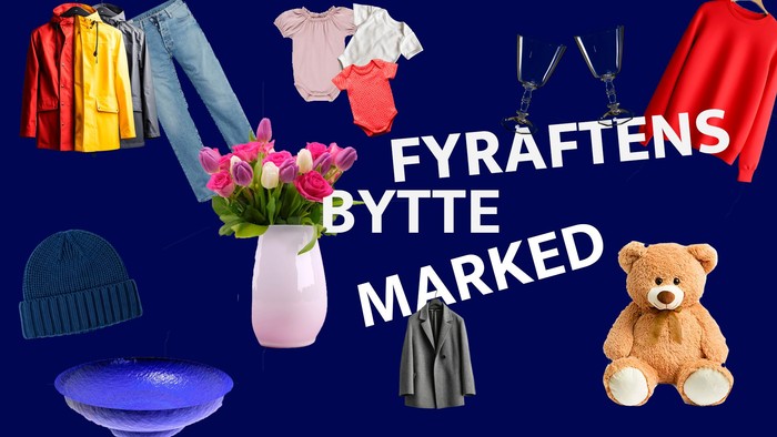 Et farverigt tøjbytteevent med forskellige genstande som jakker, teddybjørne, blomster og accessories med teksten "Fyraftens bytte marked".