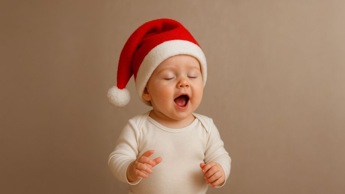 Baby med julemandshue, der gaber.