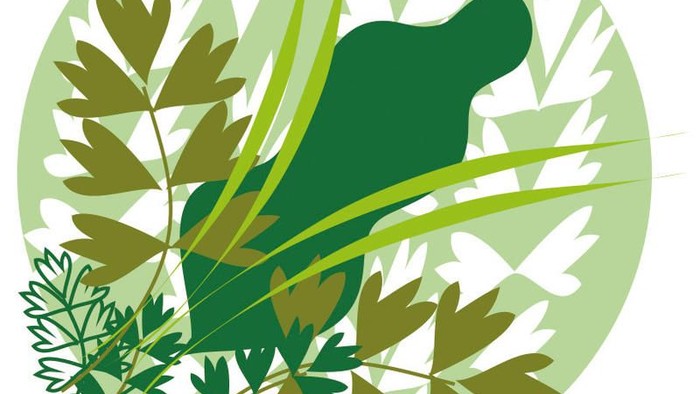 Illustrative Silhouette einer Giraffe, umgeben von stilisierten grünen Blättern in einem kreisförmigen Rahmen.