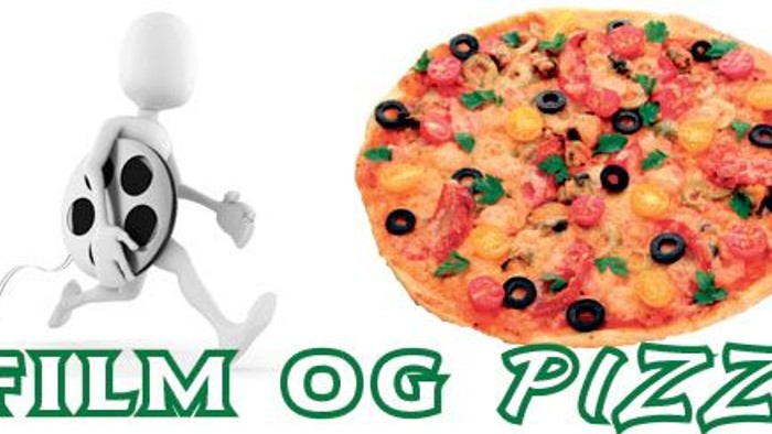 En skikkelse og en pizza med tekst