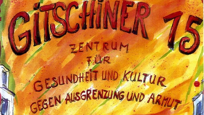Das Bild zeigt das Gitschiner 75 Zentrum für Gesundheit und Kultur mit einem bunten, kreativen Stil.