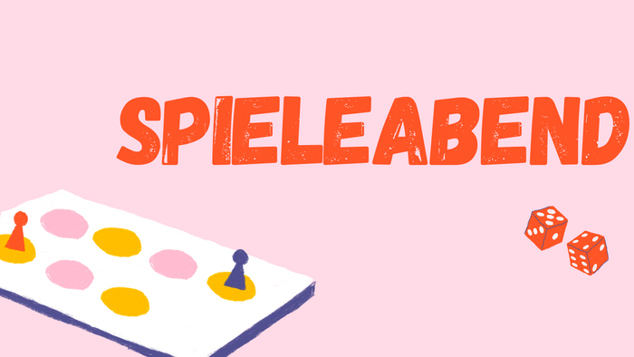 Plakat, das für eine Spieleabend-Veranstaltung mit verschiedenen Brettspielen und Aktivitäten wirbt