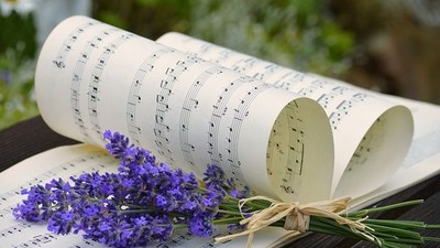 Notenpapier mit blauen Blumen auf schwarzer Oberfläche