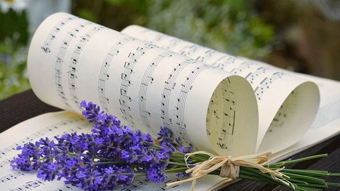 Notenpapier mit blauen Blumen auf schwarzer Oberfläche