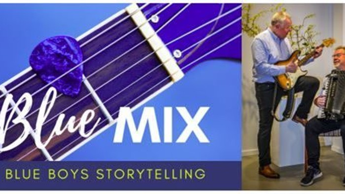 To musikere optræder live med instrumenter og promoverer arrangementet