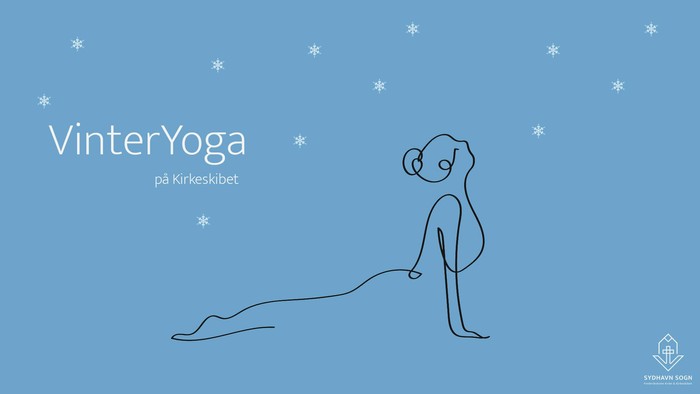 En konturtegning af en person, der laver yoga i en vinterlig ramme, med teksten *