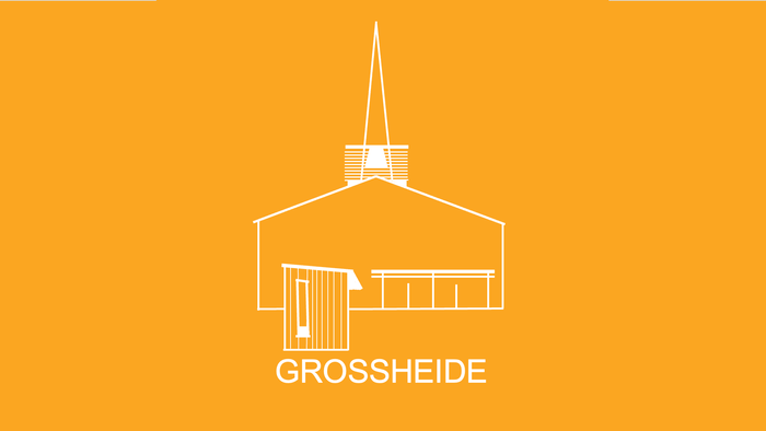 Minimalistisches Logo mit einer Kirchensilhouette und darunter „grossheide“ in Kleinbuchstaben.