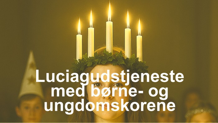 Et barn bærer en lyskrans, der fejrer Lucia med en tekst på dansk.