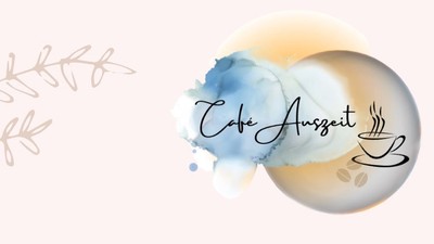 Schriftzug 'Café Auszeit' mit Kaffeetasse und rosa Hintergrund