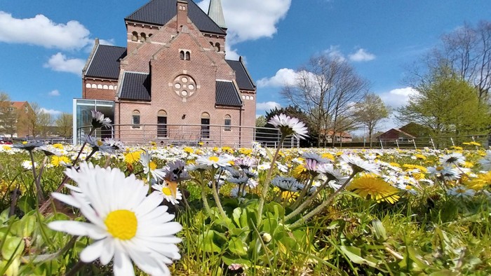 En prægtig kirke med klokketårn omgivet af farverige blomster i solskinn