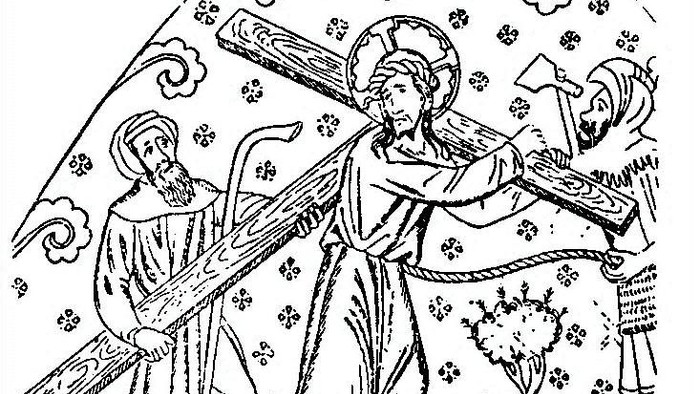 Tre mandskab bærer kors på vej til Golgata