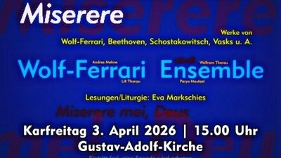 Plakat für den musikalischen Gottesdienst „Miserere“ am 3. April 2026 mit Werken verschiedener Komponisten in der Gustav-Adolf-Kirche.