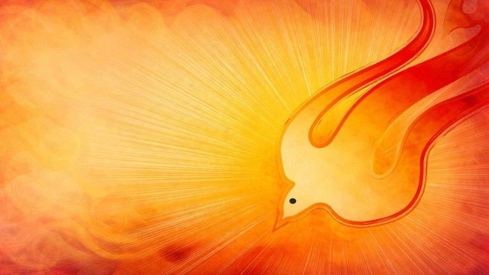Strålende guddommelig flamme, der opstår fra en glødende, abstrakt hjerteform mod en flammende baggrund.