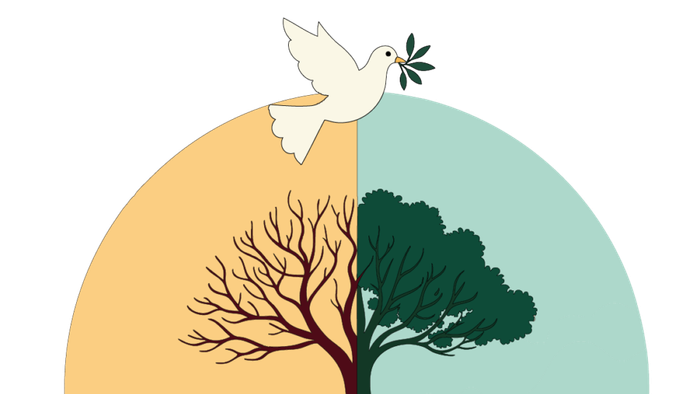 Et træ med rødder på den ene side, grene på den anden og en due ovenover.