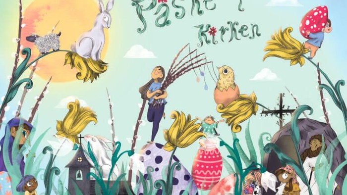 En festlig påskeillustration med dyr, æg og en person med rør.
