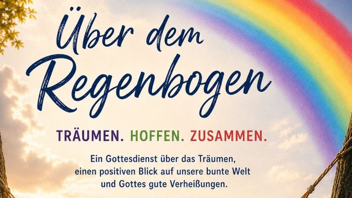 Buntes Plakat mit Informationen zum Abendgottesdienst und einer bunten Hängematte unter einem Regenbogen.