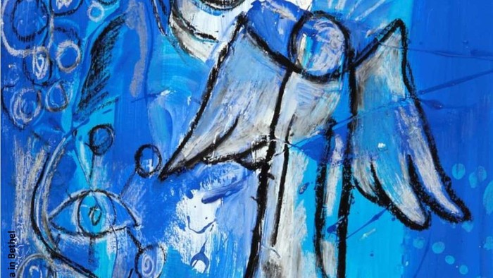 Ein Engel in blauen Farbtönen mit abstrakten Elementen