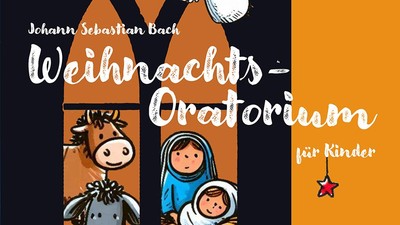 Grafik: Ochs, Esel, Maria und Jesuskind schauen durchs Kirchenfenster