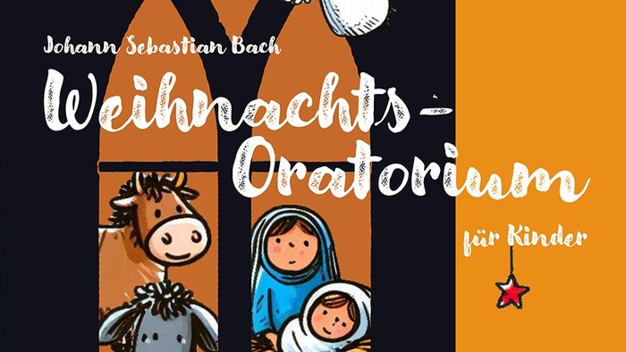 Grafik: Ochs, Esel, Maria und Jesuskind schauen durchs Kirchenfenster