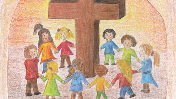 Zeichnung von Kindern welche im Kreis um ein Kreuz stehen. Überschrift Einladung zum Kindergottesdienst